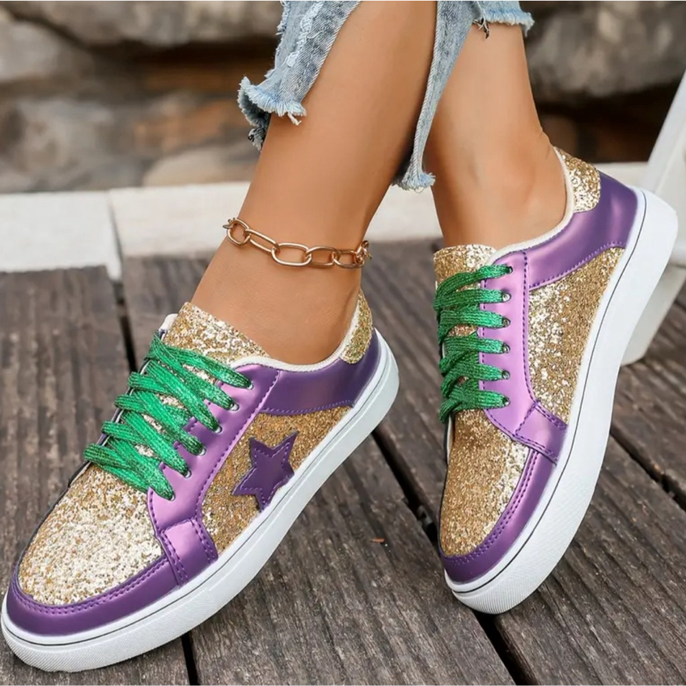 Mardi Gras Glittery Gold & Purple Star Sneakers with Glitter Green Shoestrings